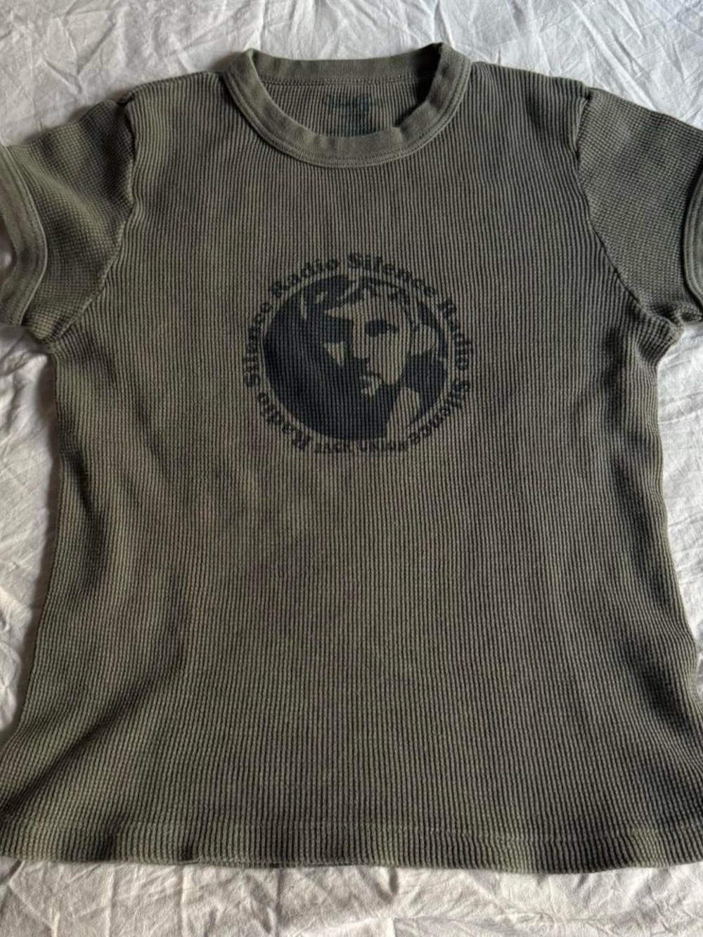 Brandy Melville Olive Green Radio Silence Ribbed Short Sleeve Graphic Tee
